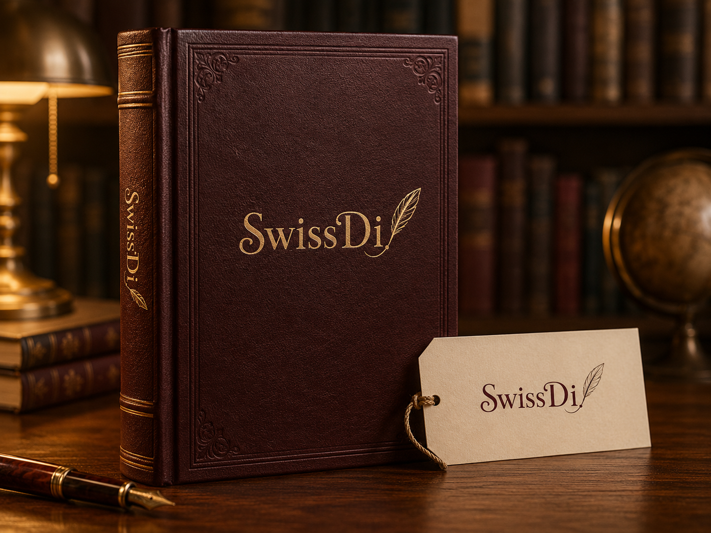 SwissDi – Verlagsmarke als Ledereinband-Mockup mit goldener Prägung und Feder-Signet