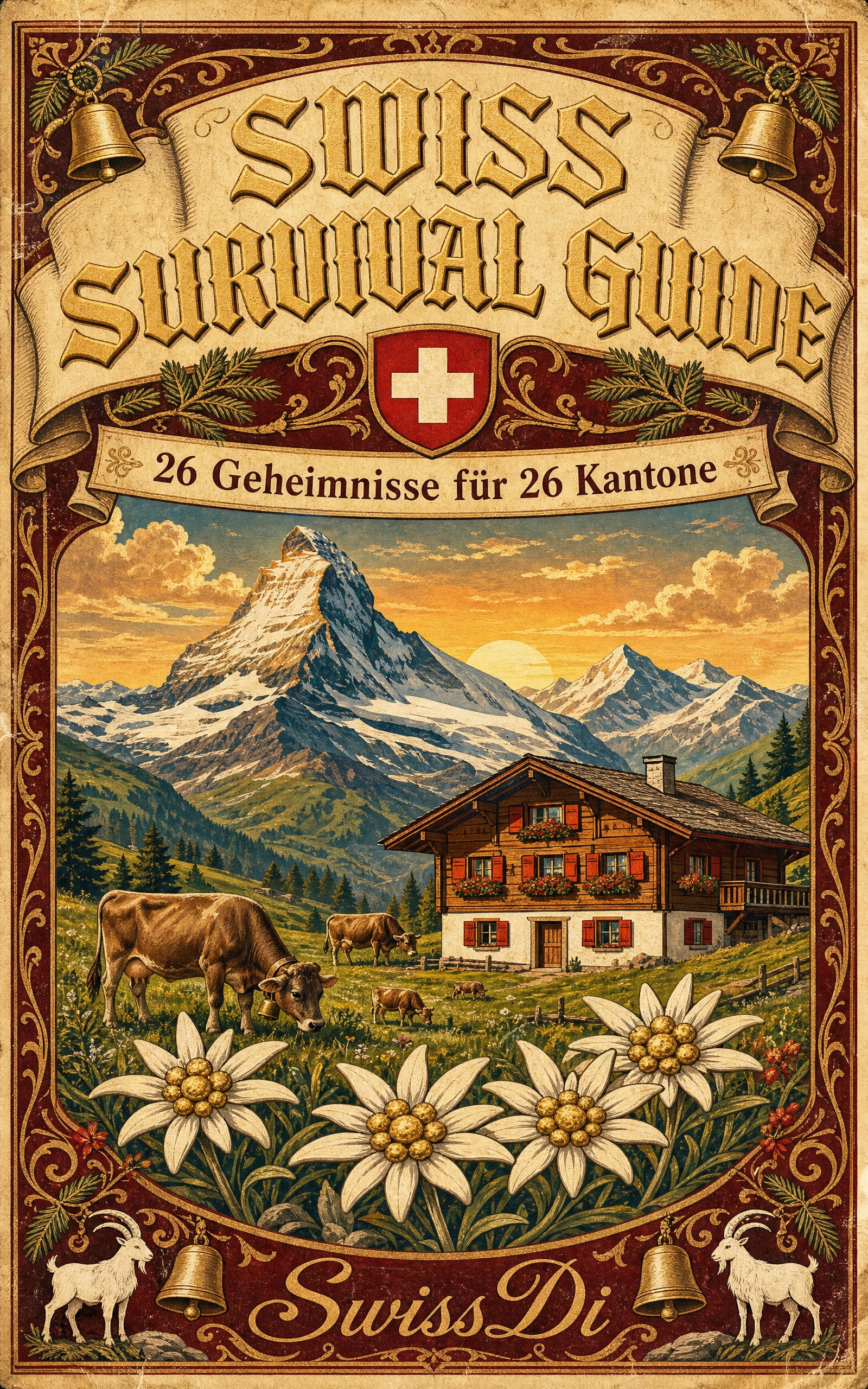 Swiss Survival Guide – Buchcover-Design im Vintage-Plakat-Stil mit Matterhorn, Chalet und Edelweiss