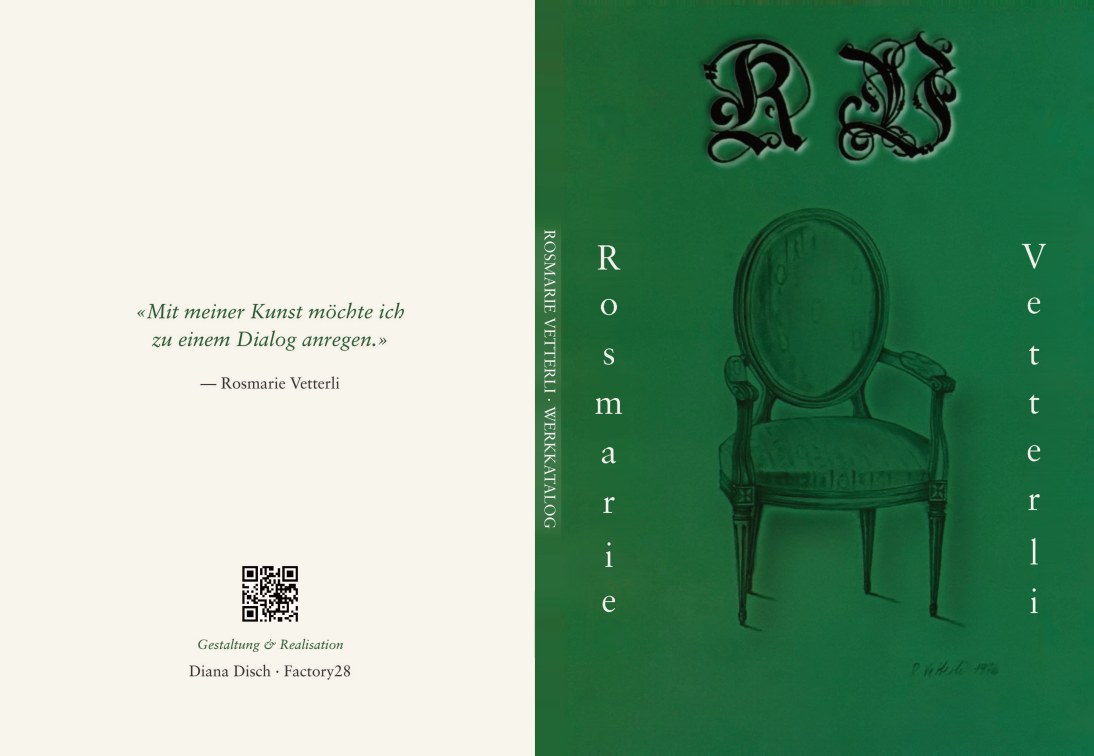 Werkkatalog Rosmarie Vetterli – tiefgrüner Umschlag mit Stuhl-Gemälde, RV-Monogramm und Zitat auf der Rückseite