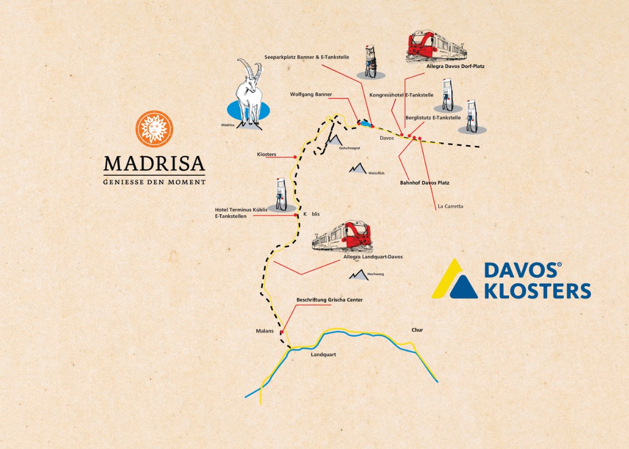 Illustrierte Panoramakarte Davos Klosters – Bahnlinie, Standorte und E-Tankstellen, Illustration für SMC