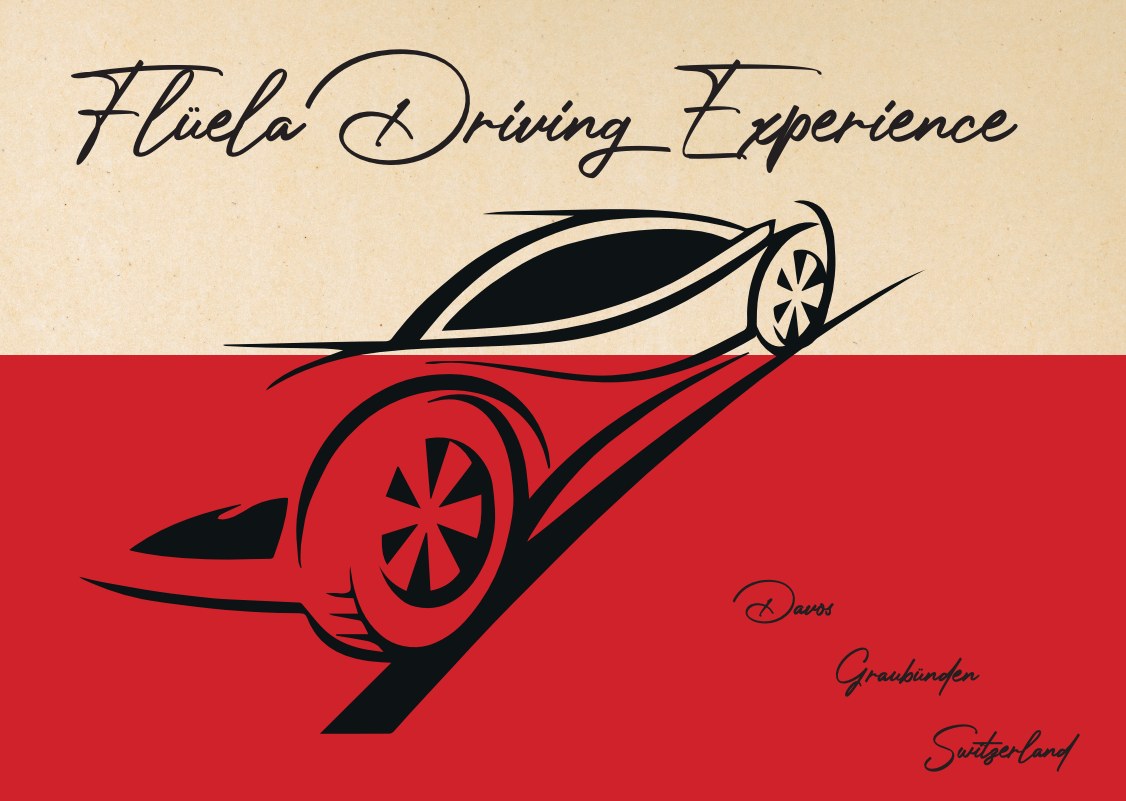 Flüela Driving Experience – Retro-Poster mit Sportwagen-Illustration in Rot und Schwarz, Davos Graubünden