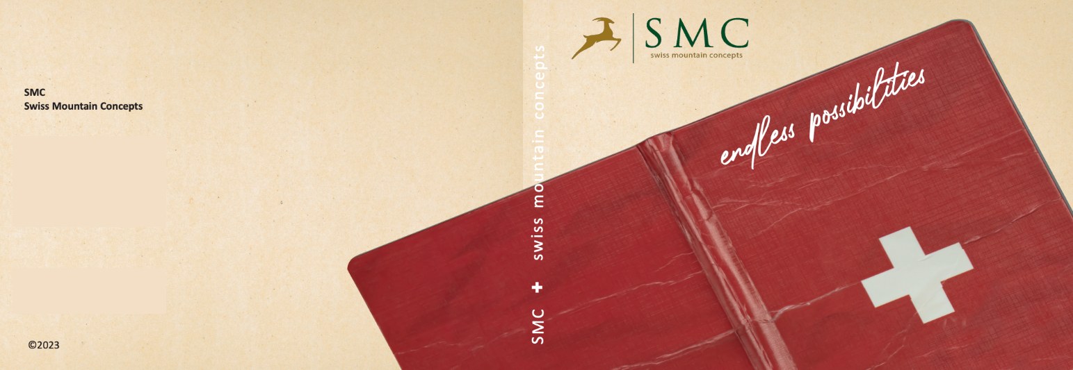 SMC Swiss Mountain Concepts – Umschlag mit rotem Vintage-Einband, Schweizerkreuz und Handlettering endless possibilities